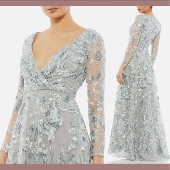 NWT $798 Mac Duggal [ 10 ] Embellished V-Neck Long Sleeve A Line Gown‎ Silver
